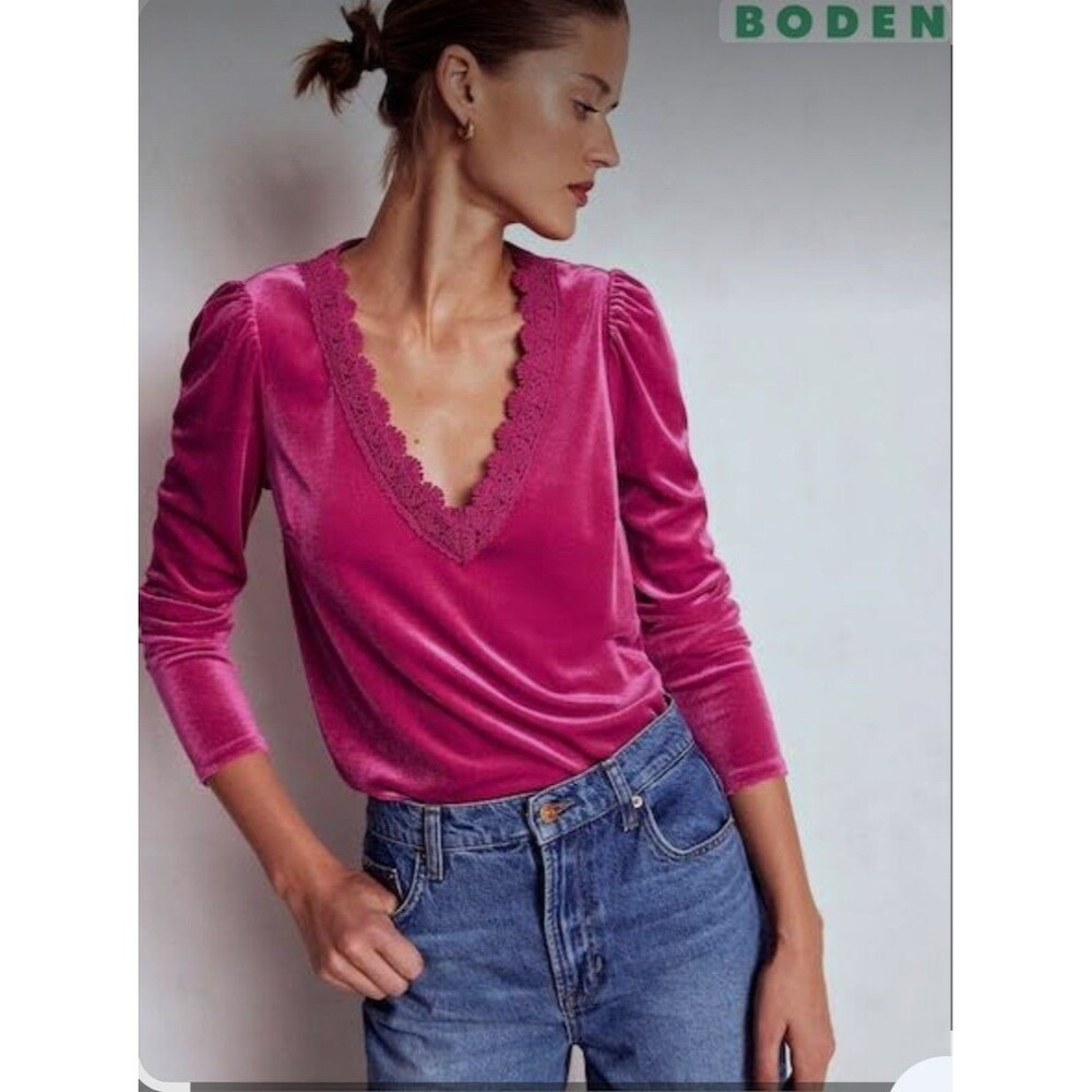 NEW Boden Flora V-Neck Velevt Top Women's US-16/18 UK-20 Romantic Pink Holiday